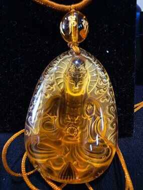 Vintage Buddha Bodhisattva Liuli Asian Amber-Toned Pendant Adjustable Necklace
